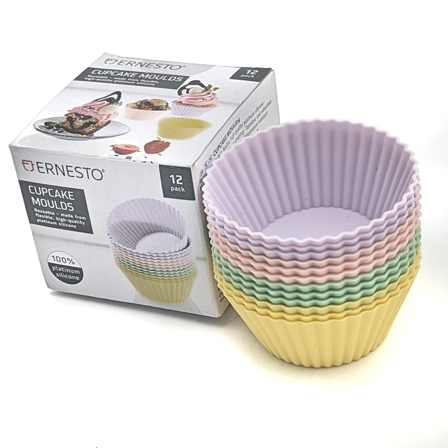 KOSHI HOME | BPA-free | Silicone Cupcake Moulds | Reusable | 12-Piece Non-Stick Baking Cups for Muffins, Cakes & Chocolates | 100% Platinum Silicone | Multicolor | E R N E S T O