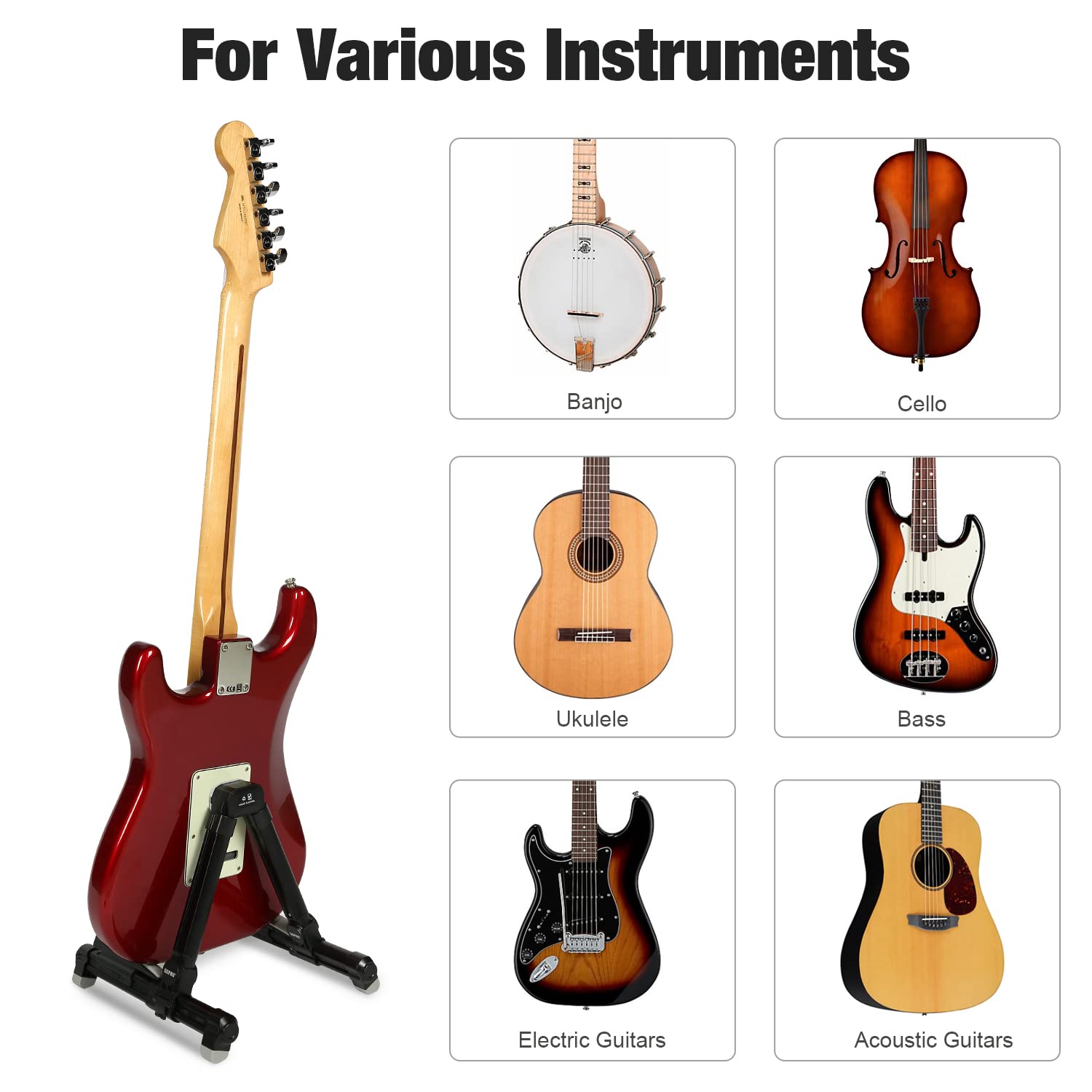 SGPRO Soporte para guitarra, bandeja y respaldo, soporte ajustable para instrumentos para guitarra eléctrica, guitarra acústica, bajo, guitarra clásica, ukelele, mandolina y soporte de banjo, material | Para guitarras eléctricas, acústicas, bajas y clásic