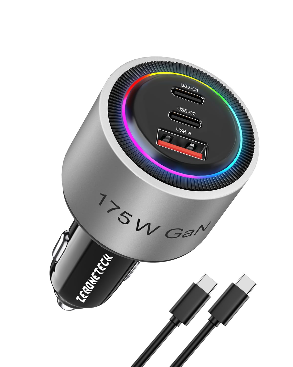 ZeroneTeck 175W シガーソケット タイプC 急速充電 カーチャージャー USB C+A 車載充電器 3ポーPD3.1/QC3.0/AFC 高速充電/スマート認識/内蔵ファン/高速冷却 MacBook Pro iPad iPhone Google Pixel Samsung Galaxy Motorola Sony PC ノートパソコンに適用 【100W 充電ケーブル付き】