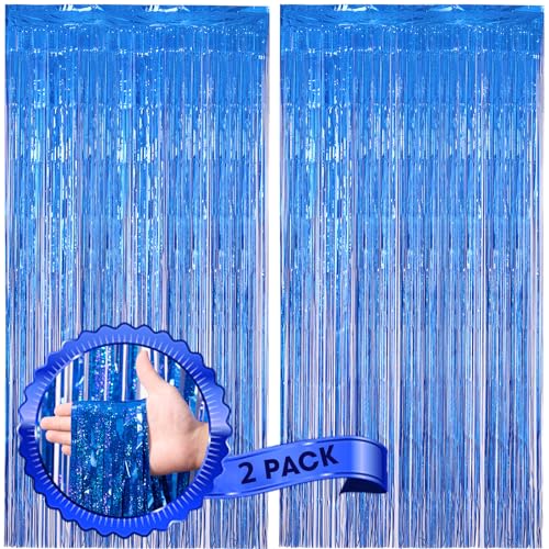 Image of Voircoloria 2 Pack Laser Blue Foil Fringe Backdrop Curtains, Tinsel Streamers Birthday Party Decorations, Fringe Backdrop for Graduation, Baby Shower, Gender Reveal, Disco Party