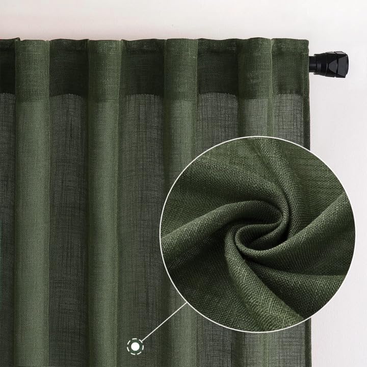 MIULEE Olive Green Linen Curtains 84 Inch Length 2 Panels for Bedroom Living Room, Soft Thick Linen Textured Natural Window Drapes Semi Sheer Light Filtering Back Tab Rod Pocket Burlap Look Decor