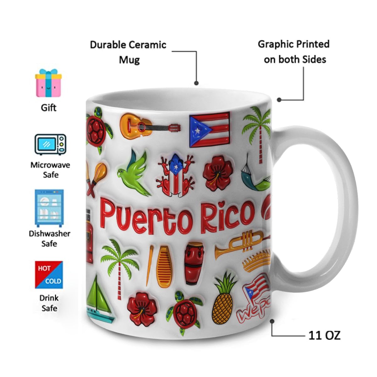 Lotacy Puerto Rico Flag & Symbols Ceramic Mug – 11oz Gift For Boricua, Born & Raised In PR Souvenir - View #5