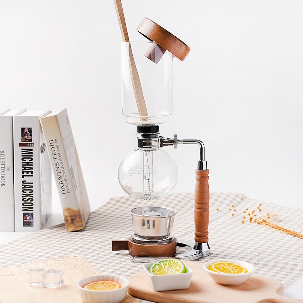 Glas-Siphon-Kaffeemaschine für 3 Tassen mit rustikalen Holzdetails