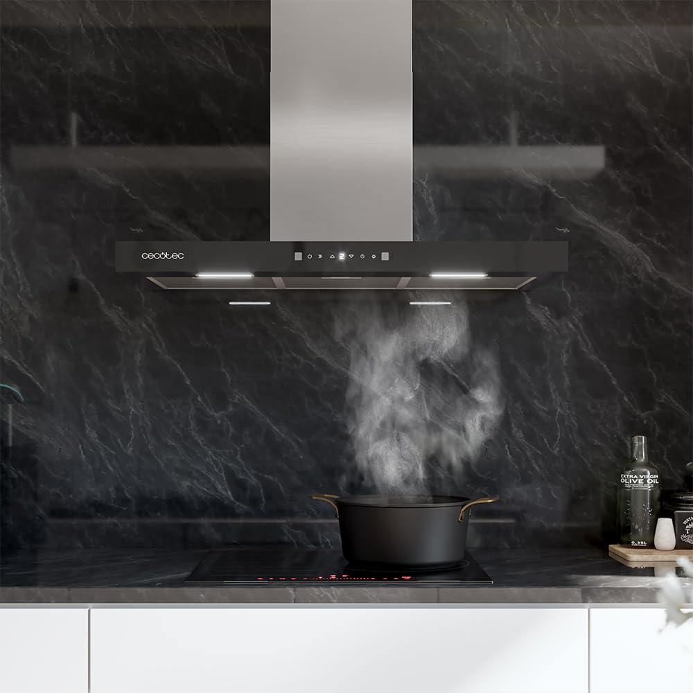 Cecotec Cappa Aspirante 90 cm Flux TT 905500 Glass Black A++. 70W, Finitura Frontale In Vetro Nero, Basso Consumo Energetico, Aspirazione 550M3/H, Touch Control, 3 Livelli, Luce Led, Filtro Carbone