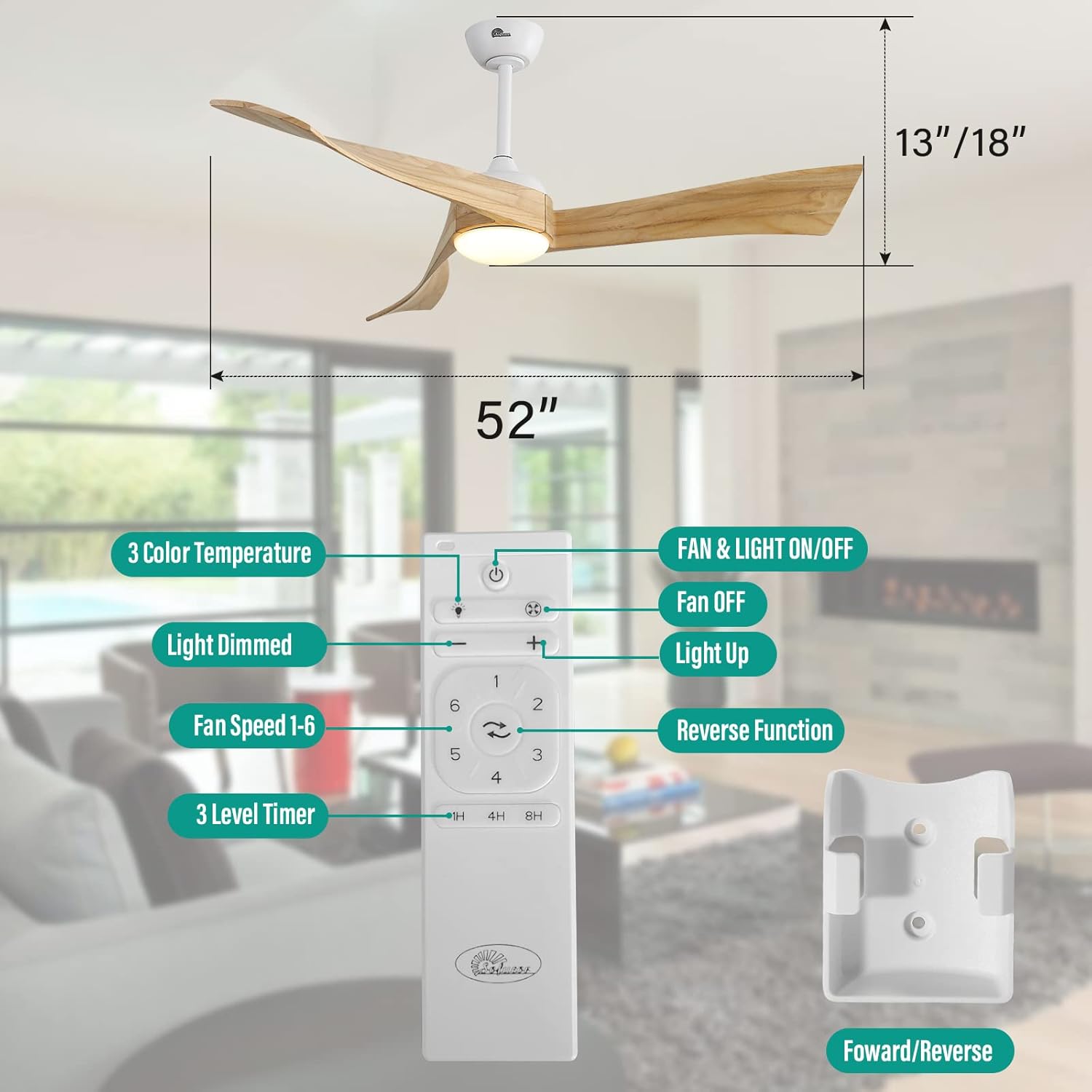 Remote control for Sofucor ceiling fan with labeled functions