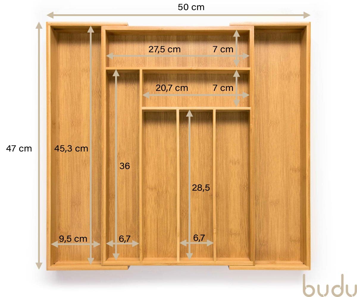 budu Besteckkasten für Schubladen #47 (Tiefe 47cm) aus Bambus - Ausziehbarer Besteckeinsatz - Schubladen Organizer Küche - Schubladeneinsatz - Kitchen drawer organizer