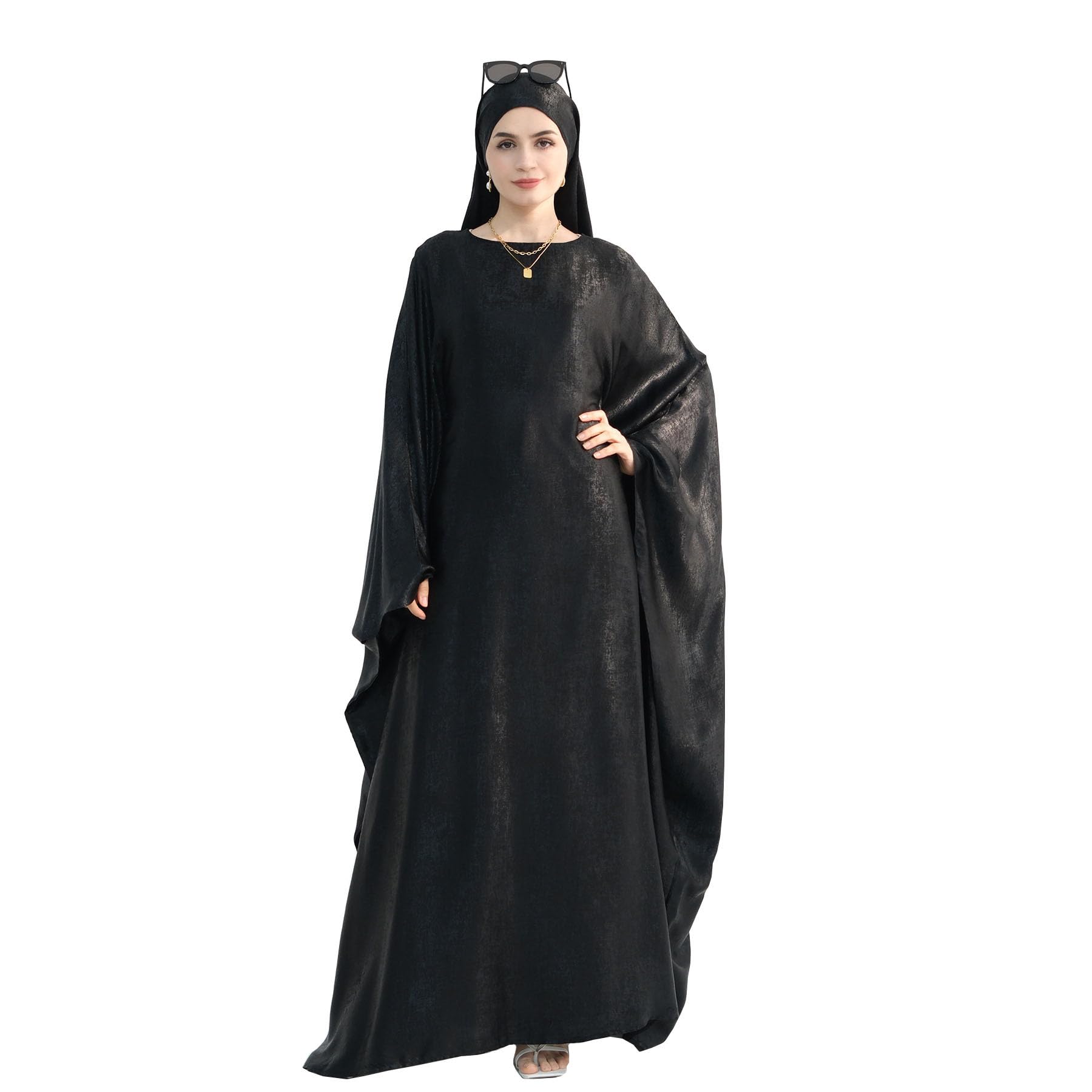 Prlemend Women Prayer Abaya Dubai Bat Sleeve Dress Islamic Printed Long Robe with Belt