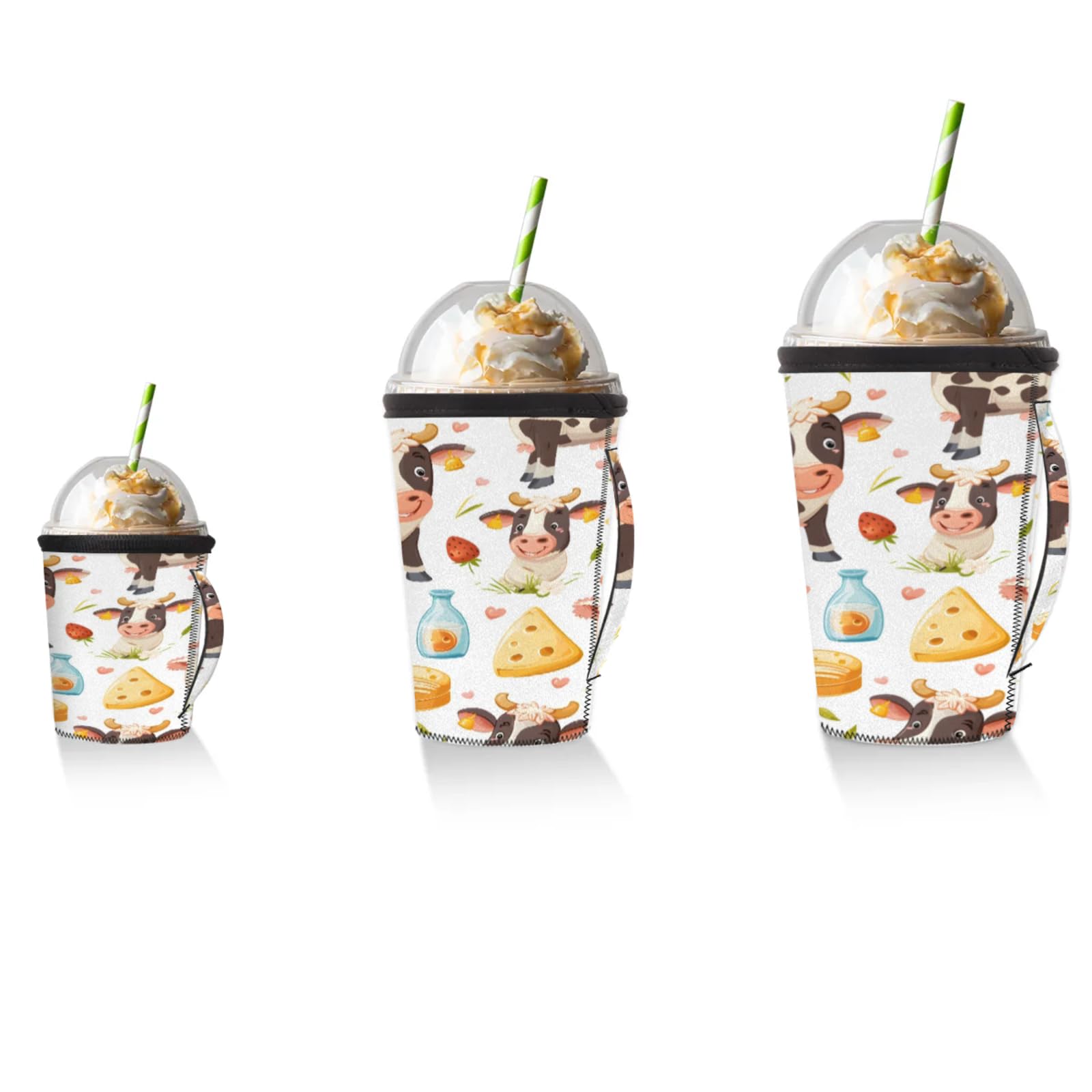 Cow Milk Strawberry Reusable Neoprene Coffee Sleeve with Handle Insulated Iced Coffee Cup Holder Reduces Condensation Fits 24-28 oz Cups M