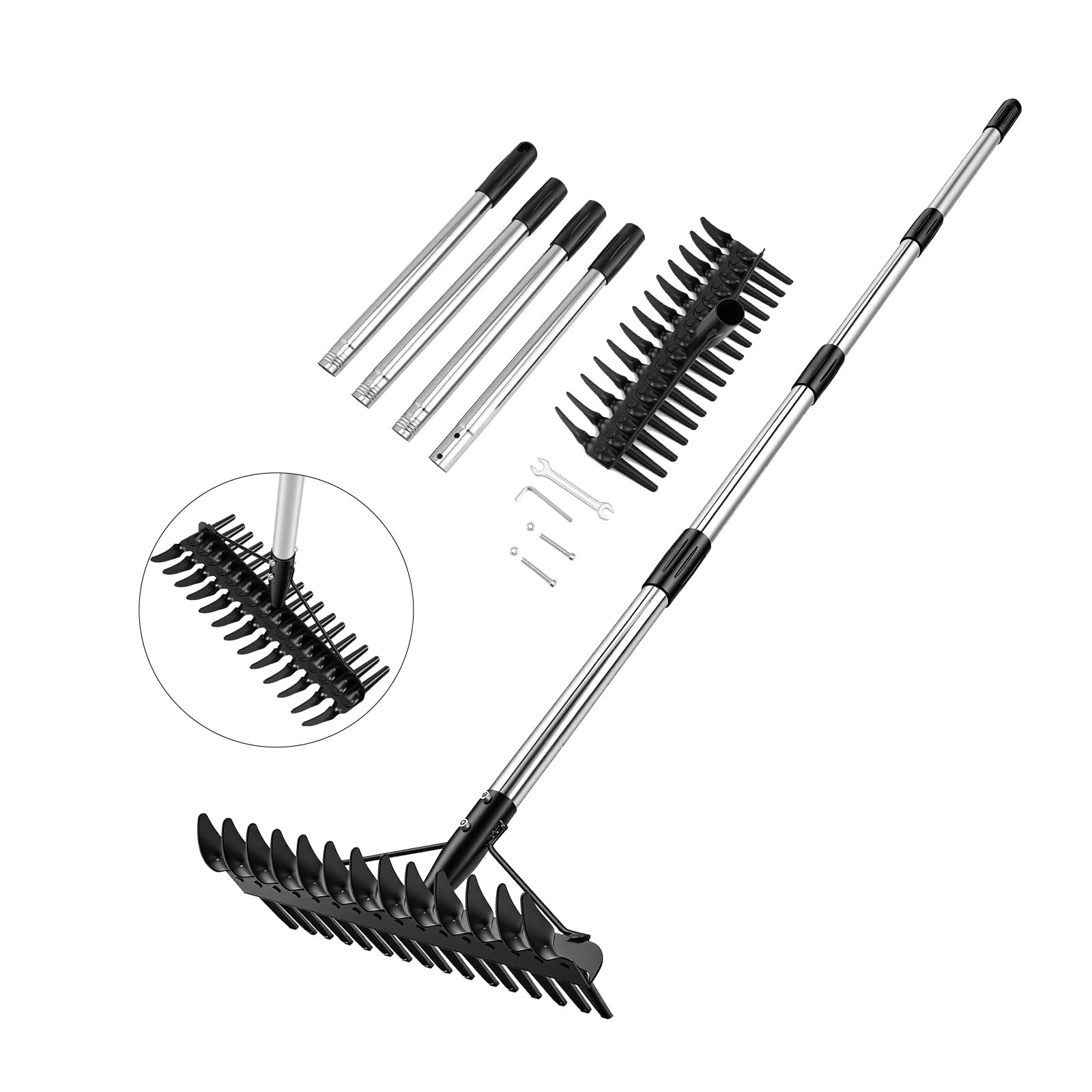 Dual-Head Thatch Rake, 4-Section Telescopic Handle (90-160cm), 36.5cm Heavy Duty Lawn Rake for Dethatching, Soil Loosening, Leaf Cleanup, Leveling Garden Yard