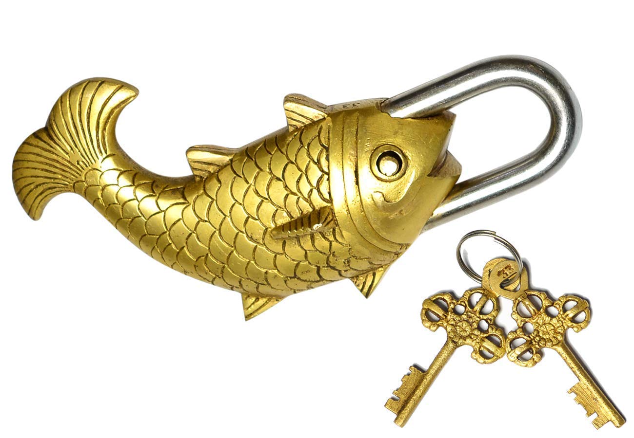 MHE- Handmade Brass Artistic Padlock with Lock 2 Keys (Fish Pad Lock) Multi (B07P62DGDT) Amazon Price History, Amazon Price Tracker