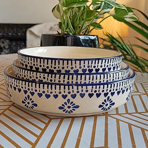 Image of Niyara Stoneware Handmade Ceramic Stylish Premium Serving Bowls /Salad Tray Microwave Dishwasher Safe (Blue jhalar Salad Bowl Set of 3)