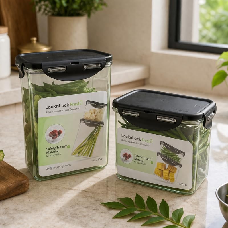 Image of LocknLock Bisfree Modular Storage Container Setof 2 (1000ml + 1800ml) | Stackable Airtight Food Containers | Microwave, Freezer & Dishwasher Safe | BPA Free Kitchen Storage Boxes