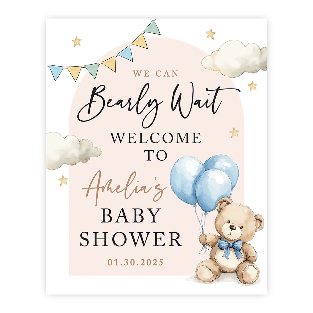 Andaz Press Personalized Teddy Bear Baby Shower Decorations, We Can Bearly Wait Baby Shower Decorations Boy, We Can Bearly Wait Sign, Custom Blue Balloons with Brown Bear Welcome Sign, 16x20 Inch