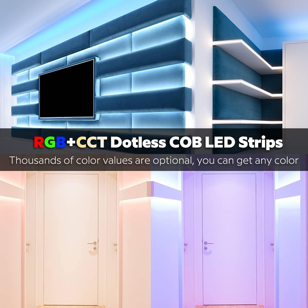 24VDC Color Changing RGBCCT Dotless COB LED Strip Lights, High Density RGBCW 4200 LEDs Warm White to Daylight RGBWW Dimmable LED Light Strips(Non-Waterproof IP20), FCOB-24V-RGBCCT - Image 7