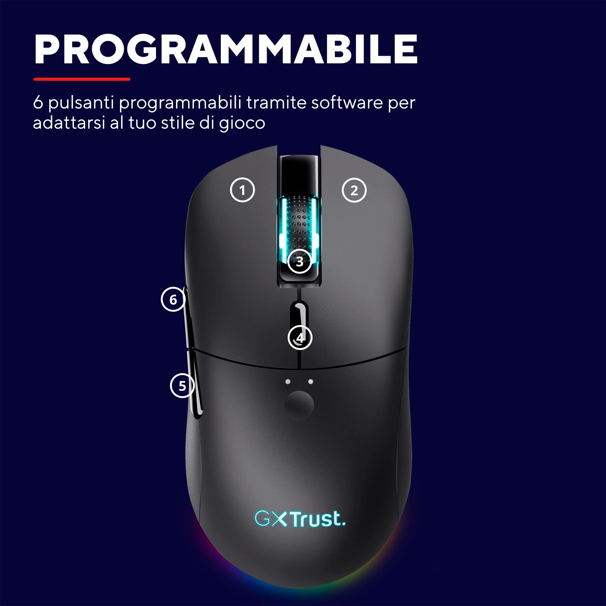 Trust Gaming GXT 980 Redex Mouse Gaming Wireless Ricaricabile, 200-10.000 DPI, RGB, 6 Pulsanti Programmabili, Ricarica via Cavo Type C, per PC, Laptop, Computer - Nero