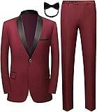 Men Suit for Wedding Party 2 Piece Slim Fit Shawl Lapel 1 Button Tuxedo Winter Fabric Dinner Suit Sets with Tie X-Large Burgundy -2