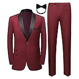Men Suit for Wedding Party 2 Piece Slim Fit Shawl Lapel 1 Button Tuxedo Winter Fabric Dinner Suit Sets with Tie X-Large Burgundy -2