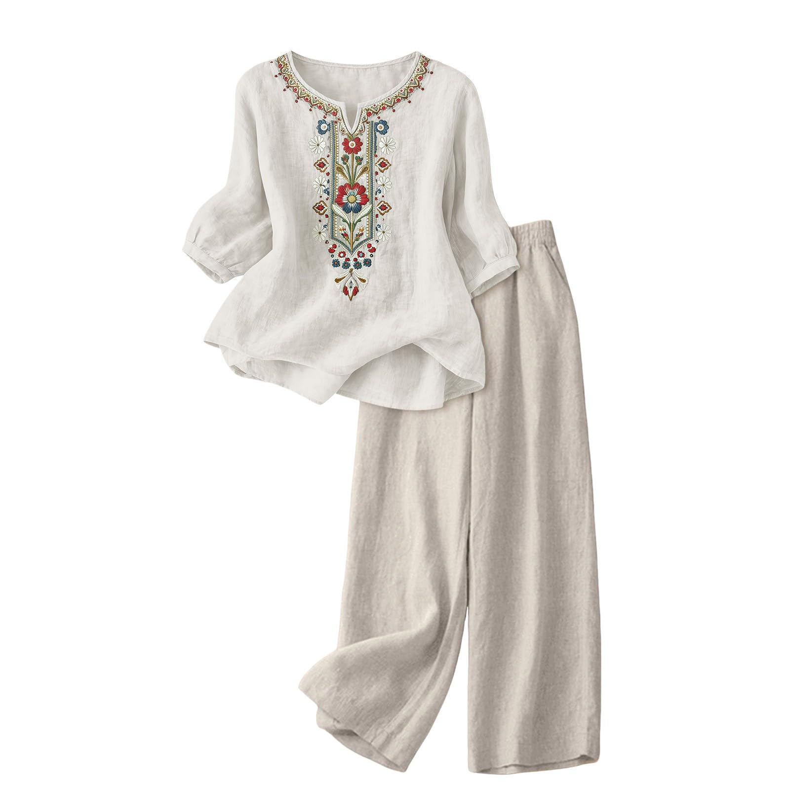 Womens Wear Sets Embroidered Linen Ladies Set 2 Piece Summer Outfits Co Ord Sets 3/4 Sleeve Blouses Tops and Wide Leg Trousers Casual Loungewear Activewear with Pockets (V1-White, XXXL)