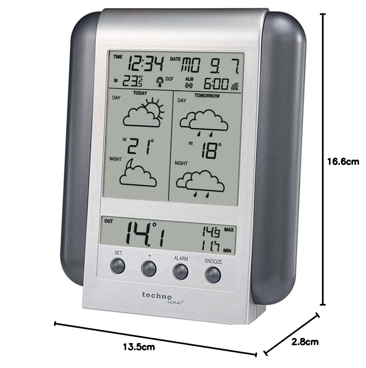 Technoline, stacja pogodowa Meteotronic WM 5412, srebrna, 2-częściowa składająca się ze stacji i czujnika, 13,5 x 2,8 x 16,6 cm