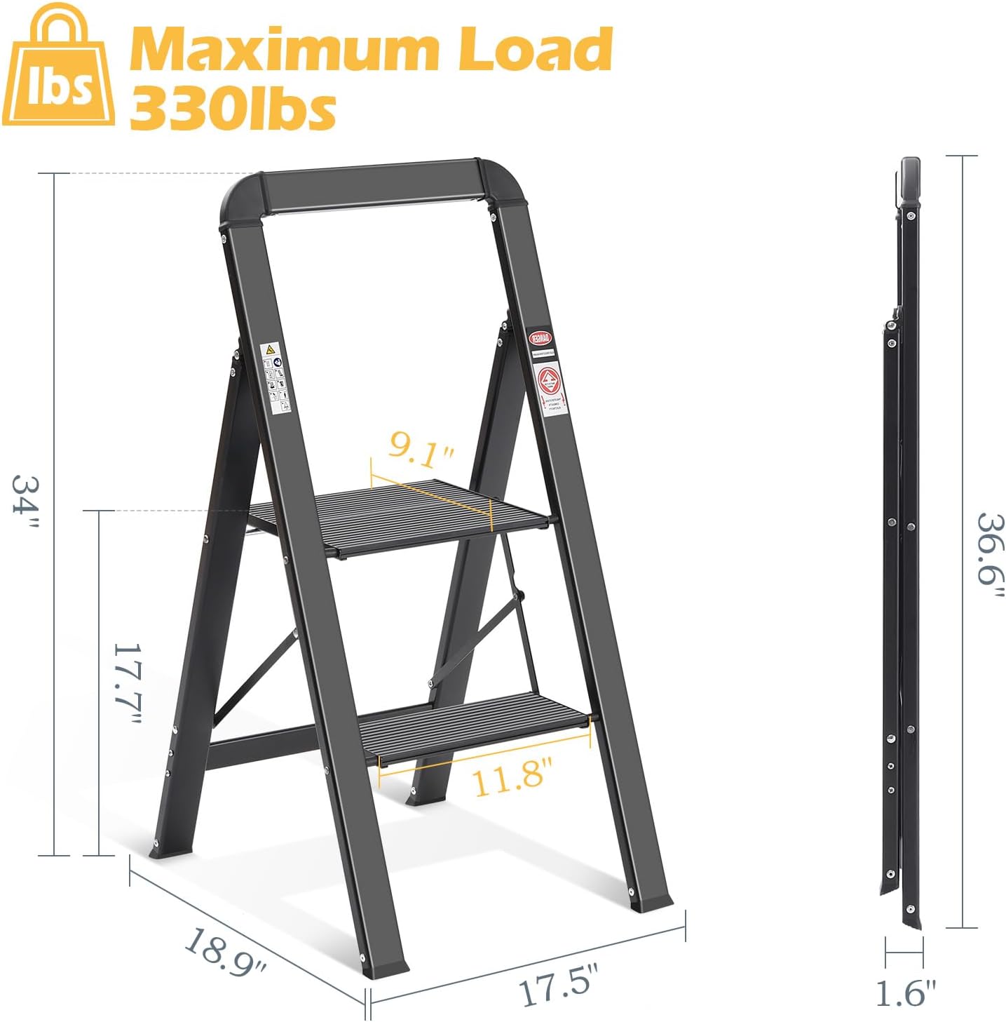 KINGRACK Small Step Ladder, 2 Steps, Folding Step Ladder with Handrail, Non-Slip Kitchen Household Ladder with Folding Protection, Aluminium Step Stool, Maximum Load 150 kg, Black