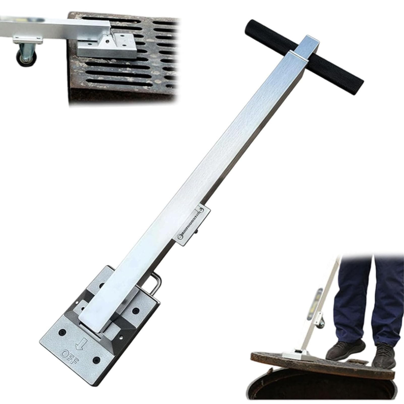 Magnetyczny podnośnik pokryw studzienek o udźwigu 595 funtów (ok. 270 kg) – aluminiowy drążek teleskopowy z rolką; narzędzie do przenoszenia i podnoszenia ciężkich pokryw studzienek