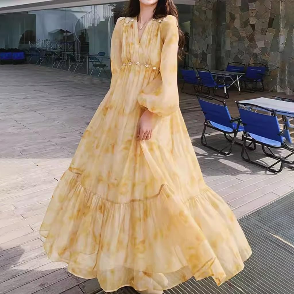 Abito Donna Francese con Stampa Ombre, Abito Lungo da Spiaggia con Volant E Scollo A V Primavera/Estate, Maniche A Palloncino/Vita Alta