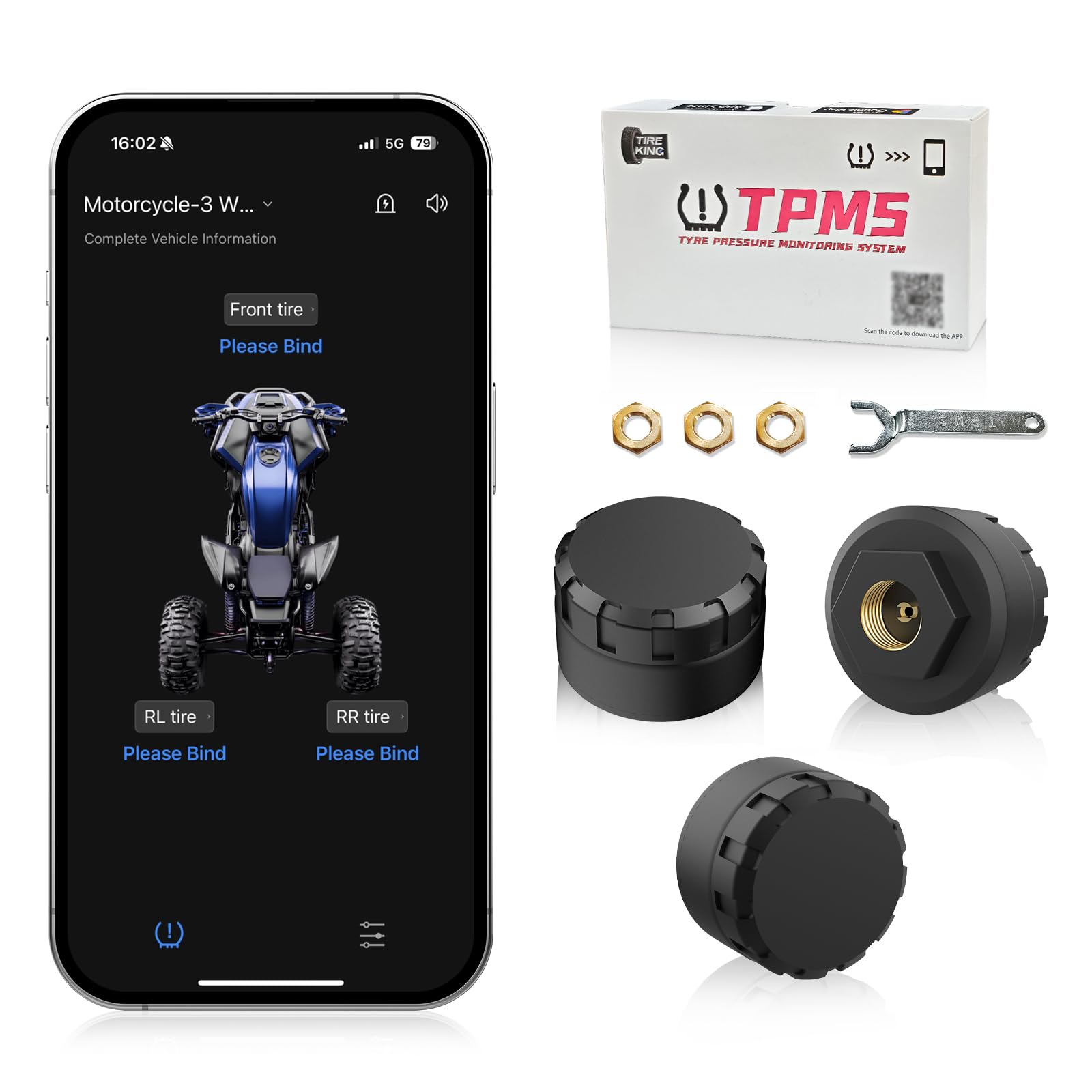 Moman Motocicletta TPMS 3 sensori Sistema di controllo della pressione dei pneumatici con app, monitoraggio della pressione e della temperatura dei pneumatici con funzione di allarme, compatibile solo