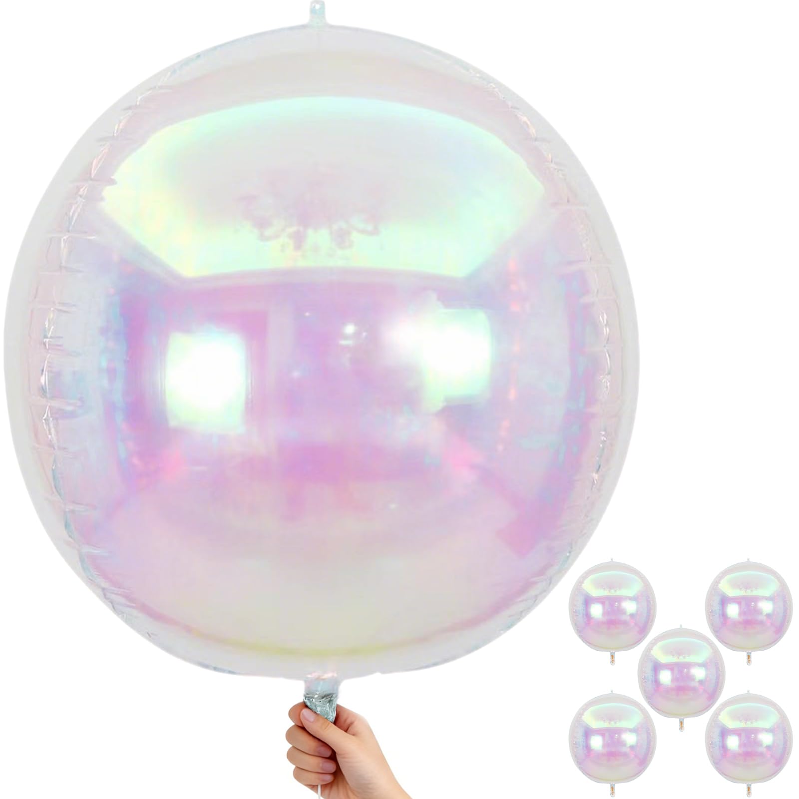 Iridescent Round Foil Balloons 32 Inch 5 Pcs Holographic 4D Ball Balloons Clear Balloon Ornament Mylar Balloon for Girls Mermaid Under The Sea Rainbow Birthday Wedding Baby Shower Party Decor