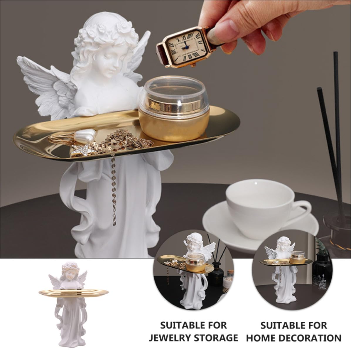 Bandeja de Joyas de Encimera Figura de Ángel en Resina de Color Claro