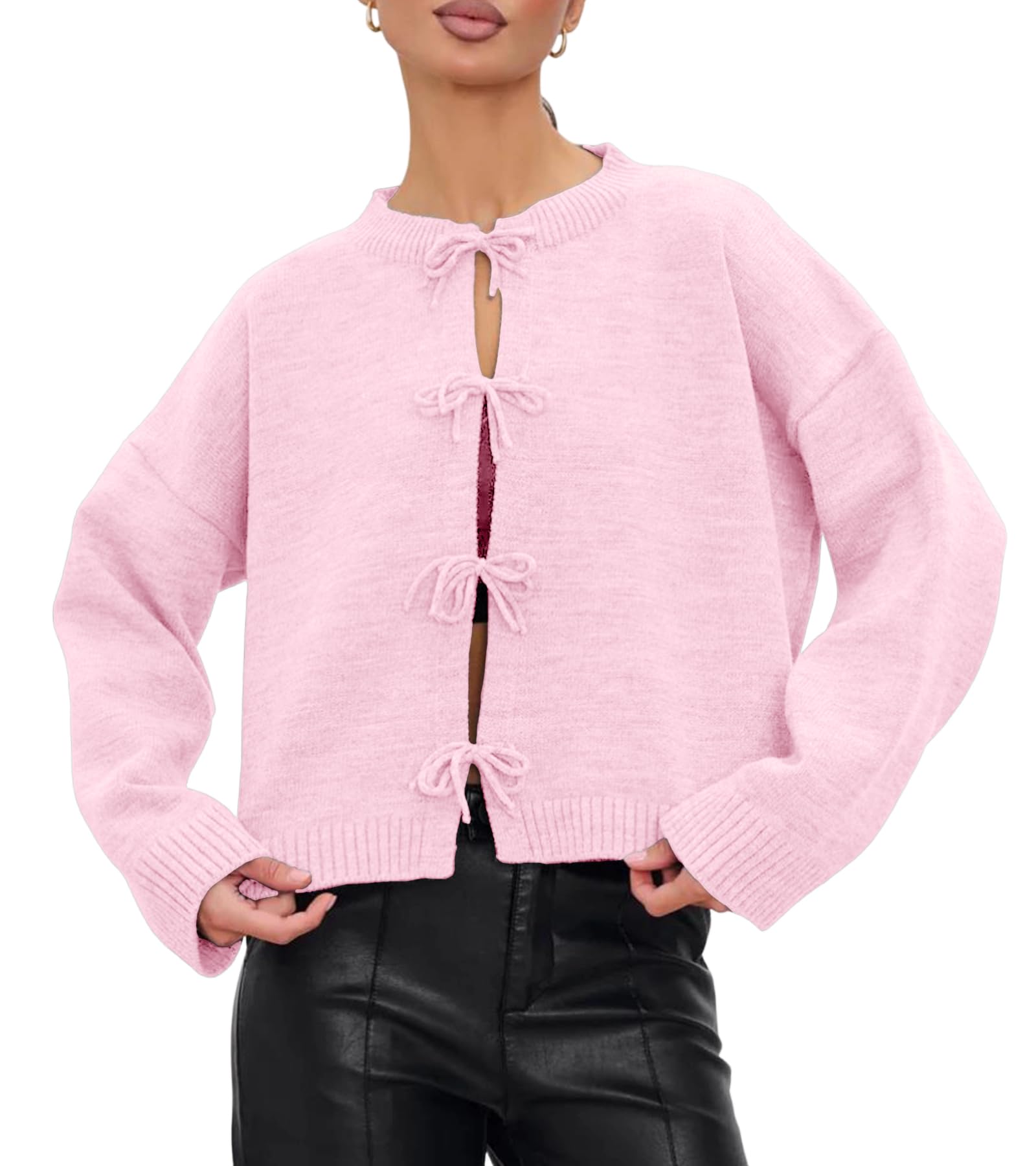 SHINFY Womens Tie Front Bow Cropped Cardigan Sweaters Long Sleeve Knit Fall Cute Trendy Sweater Jacket Coats