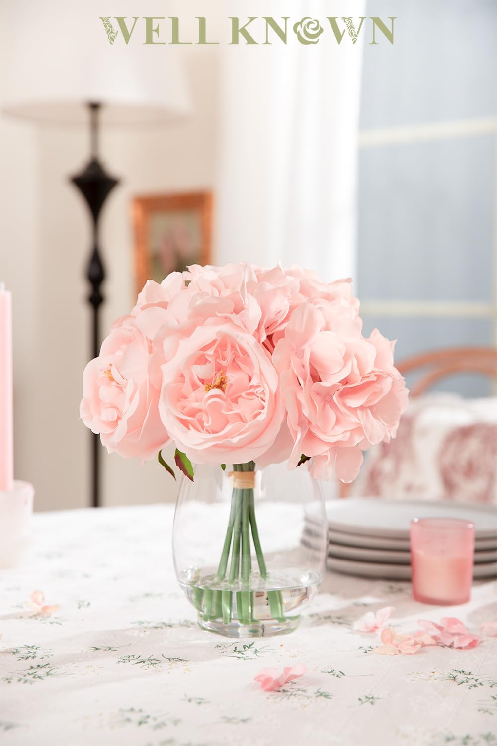 Silk Peonies Artificial Flowers in Glass Vase with Fake Water, Pink Faux Silk Peony Rose with Hydrangea Flower Bouquet with Vase as Dining Table Centerpieces for Home Wedding Party Decor & Mom's Gift - Image 2