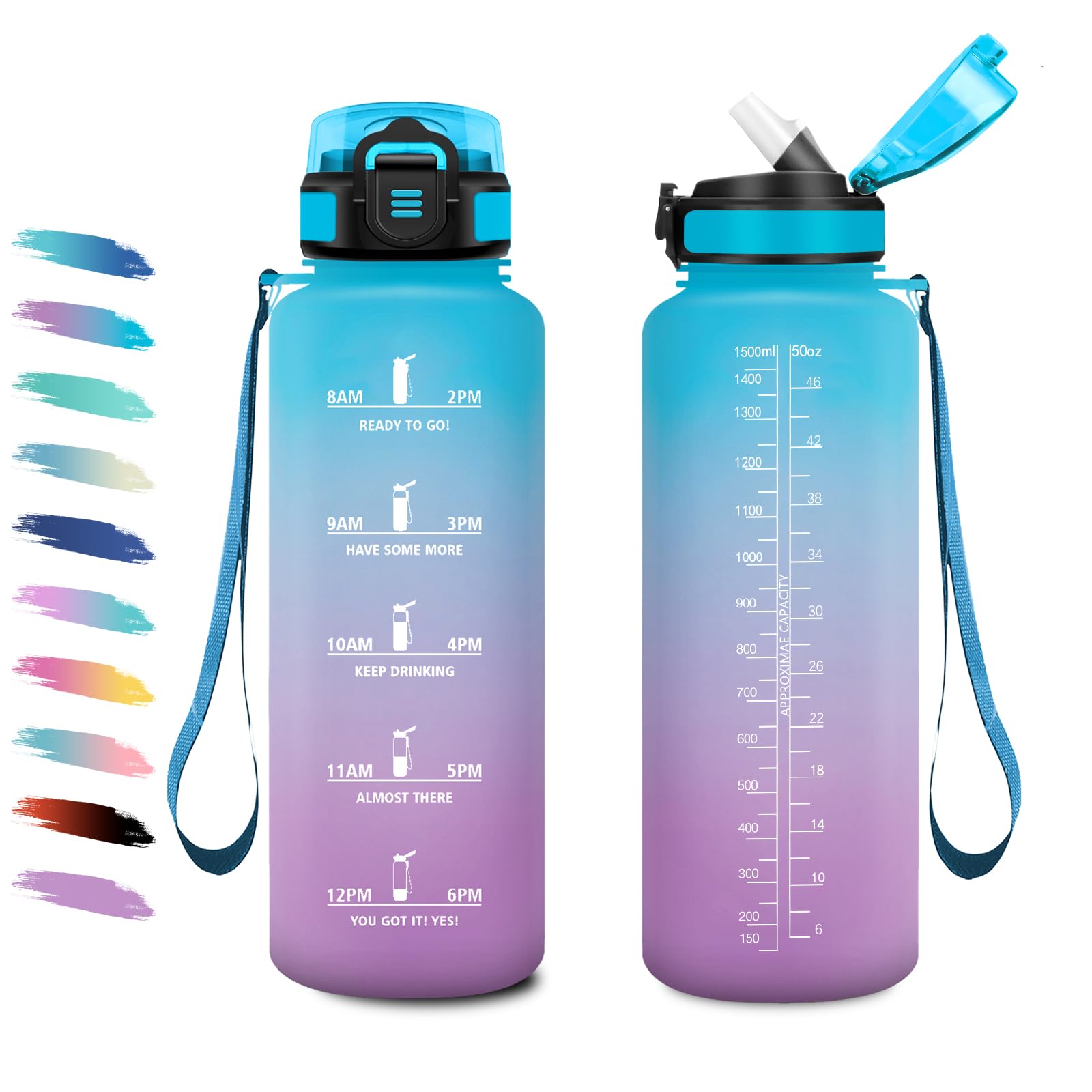 Water Bottle 1.5 L, Sports Water Bottle with Straw, Leak-Proof, Motivational Water Bottle with Time Marking, Suitable for Carbonated Drinks, Sports Bottle for Cycling, Hiking, Climbing, Gym