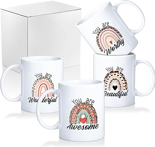 Bokon 4 tazas inspiradoras de arco iris, taza de cerámica para profesor, 11 onzas, You Are Awesome Beautiful Worthy Wonderful - Taza de café impresa