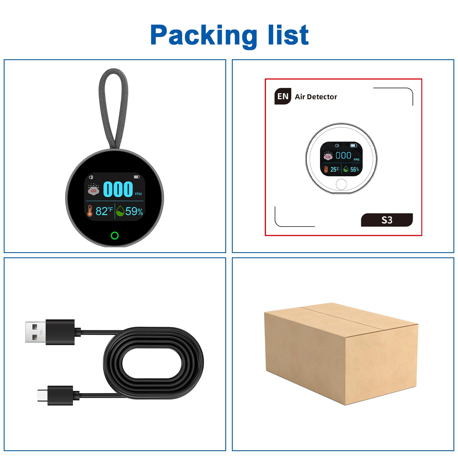 Detector de monóxido de carbono portátil 3 en 1 medidor de CO recargable para temperatura de viaje, humedad y sensor de CO, alarma magnética trasera y suspensión para exteriores, monitor de calidad de