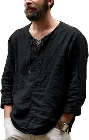 Mens Casual Cotton Linen T Shirt Drawstring V Neck Long Sleeves Shirts Blouses Solid Vintage Tops Linen Shirts Men