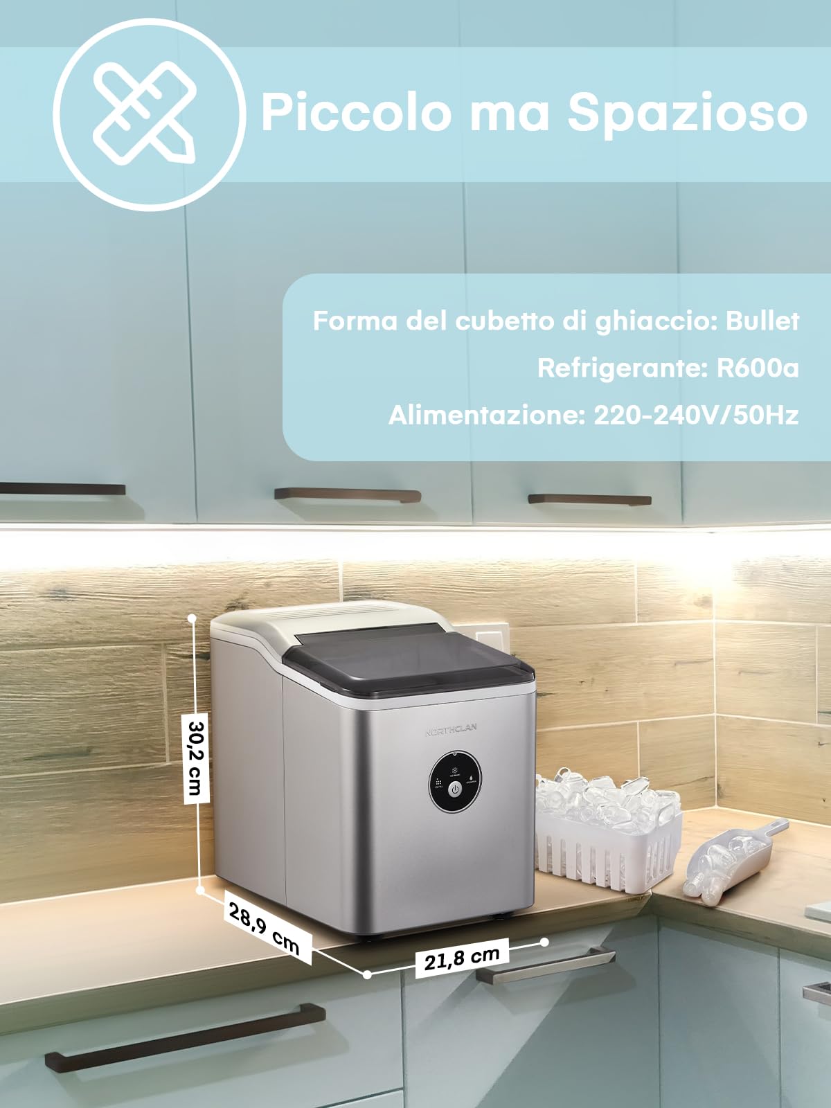 Macchina Ghiaccio 14KG in 24h, Pronto in 6-8 Minuti, Macchina del Ghiaccio Casa 2L, Macchina per il Ghiaccio Professionale Silenzioso Compatto Senza Impianto Idraulico, NORTHCLAN
