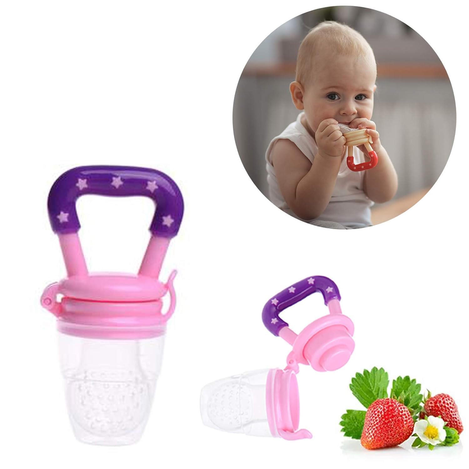 Miracle Moms Silicone Fruit Feeder for Baby 6-12 Months/Baby Fruit Nibbler and Pacifier/Newborn Nipple Feeder (BPA Free) (1, Pink) 3