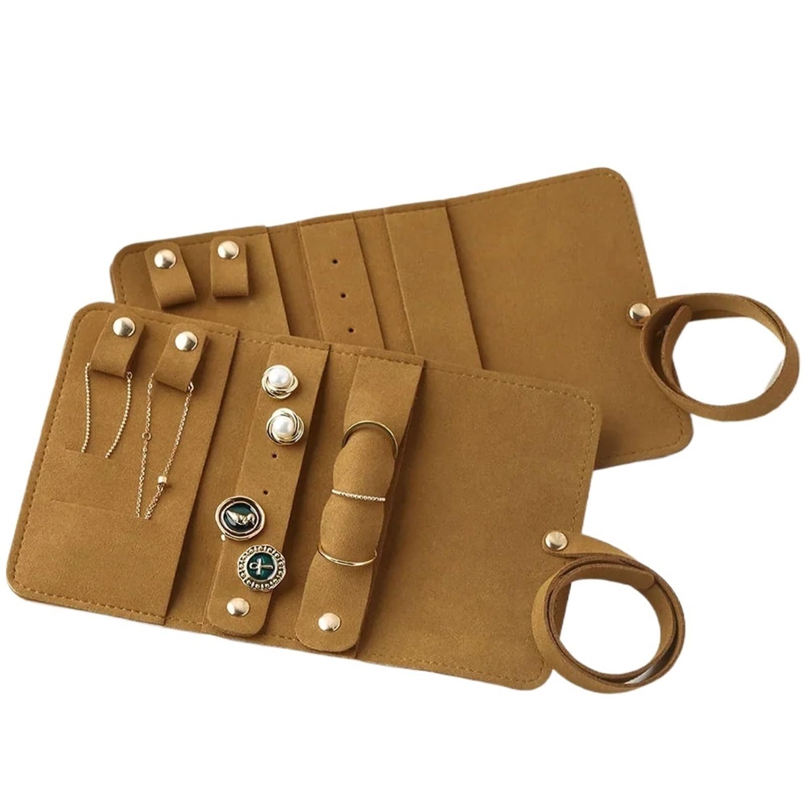 RUWLFE 2Pcs Portable Lightweight Jewelry Organizer Roll Waterproof Foldable Travel Storage Bag For Necklaces Rings Earrings Bracelet for Rings, Necklaces, Earrings(Brown)