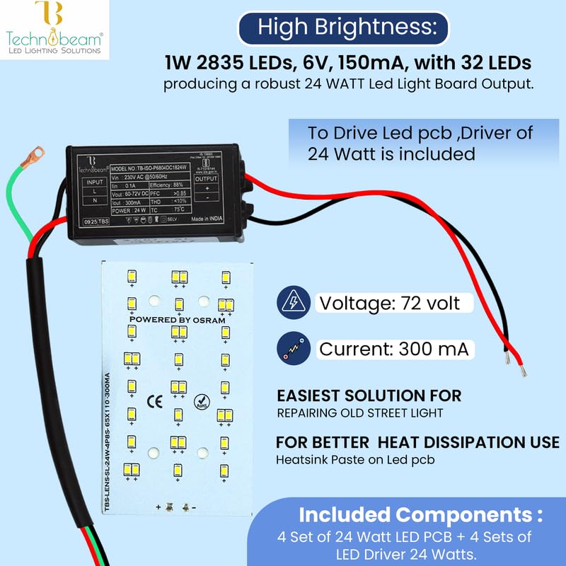 Image of Technobeam 24W LED Plate with Driver for Street Light Repair | Aluminum PCB 1.5mm | 6V 150mA LED Segments | 72V 300mA Driver Included | Durable | Ideal for Street Light Refurbishment, White, Pack of 4