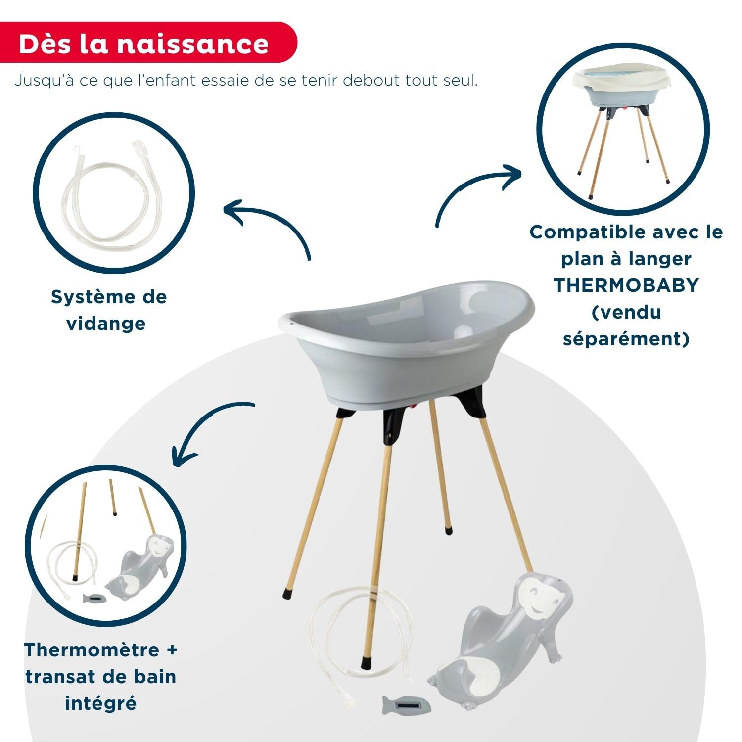 THERMOBABY - Zestaw do kąpieli dla niemowląt VASCO 5 w 1 - Wanna, drewniana nóżka, wąż spustowy, leżak do kąpieli, termometr - Charme Grey - Składany i stabilny - Wyprodukowano we Francji