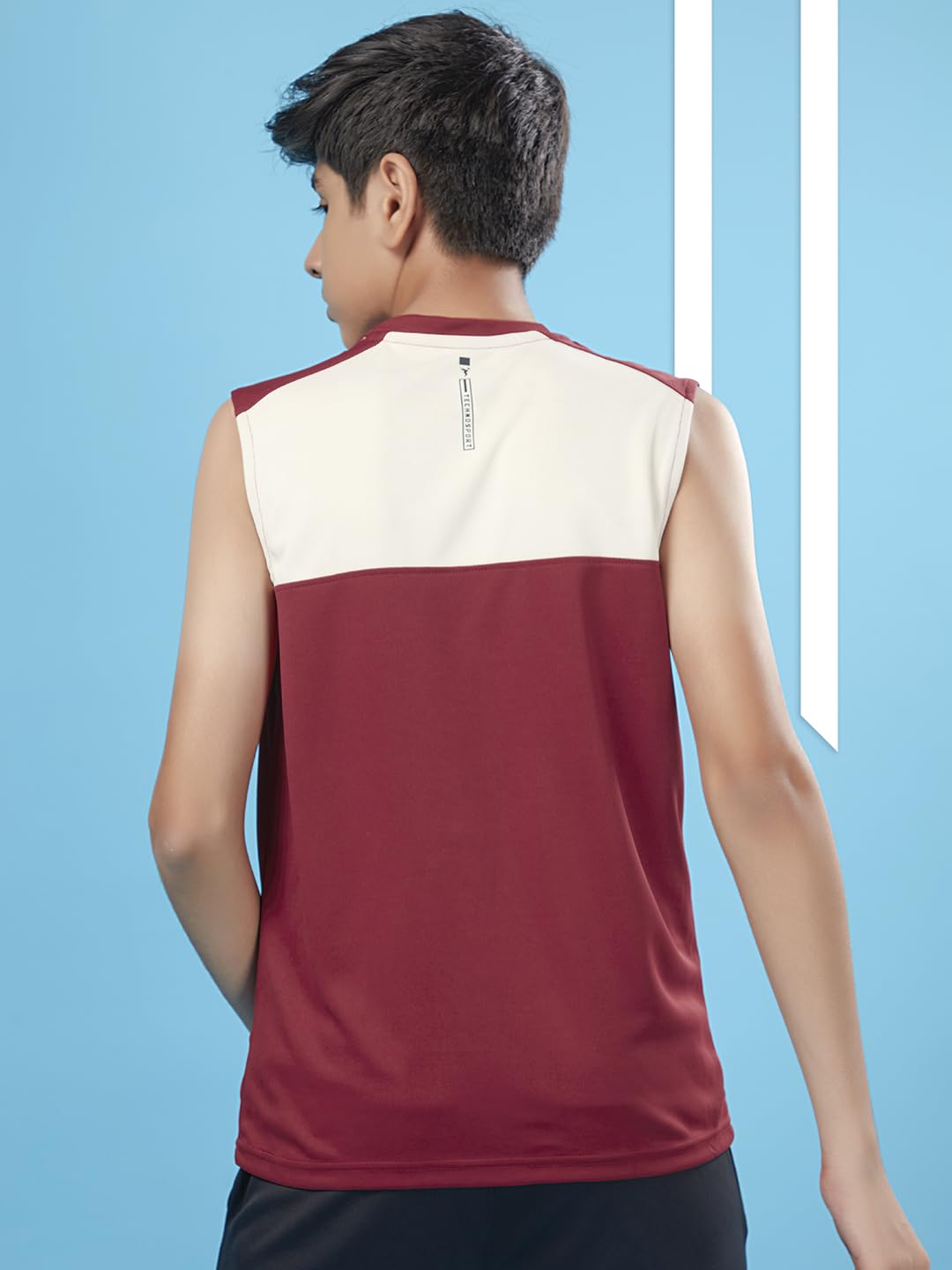 TECHNOSPORT Boys Slim Fit Color Block Gym Vest for Running, Gym & Sports - (BTB126BRD_Berry Red_13-14 Years) - Image 2 thumbnail