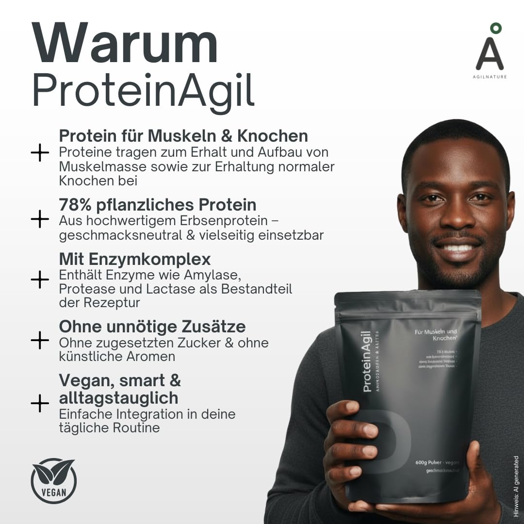 AgilNature Veganes Protein Pulver I 600 g Erbsenprotein mit 78% Eiweiß + Enzymkomplex I 30 Portionen I Protein Shake für Muskeln & Knochen I ohne Zuckerzusatz I Made in Germany I ProteinAgil