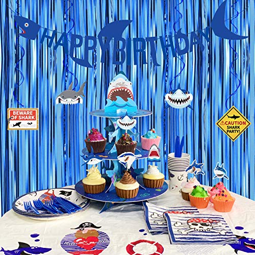 3 Tiers Shark Cardboard Cupcake Stand Birthday Party Supplies, Cupcake Dessert Cupcake Holder With 24Pcs Cupcake Toppers For Kids Boys Girls Ocean Birthday Party, Baby Shower, Shark Party Decorations #TOP6