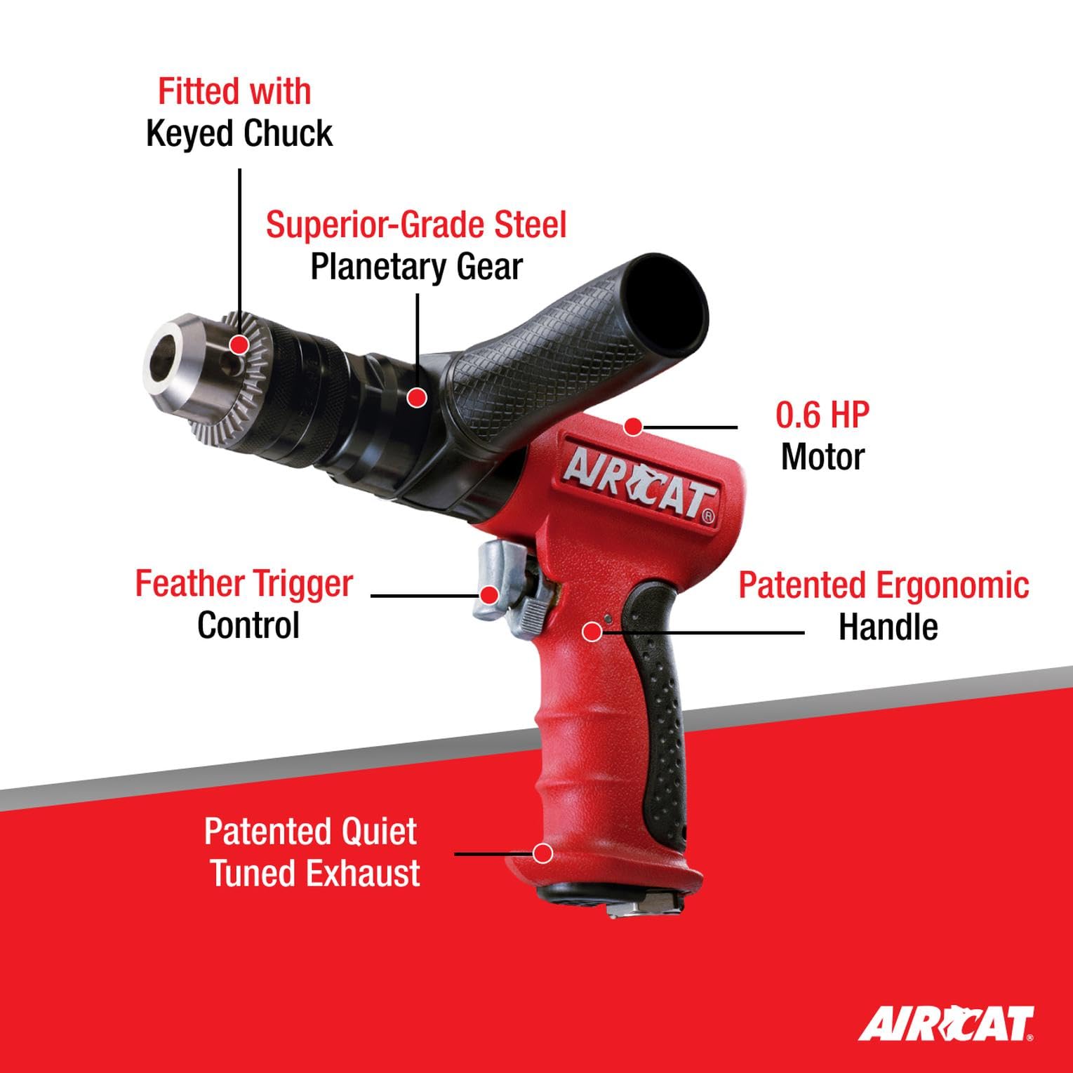 AIRCAT Pneumatic Tools 4450: 1/2-Inch Reversible Composite Drill Air Tool, Side Handle, 400 RPM, .60 HP Motor - Image 2