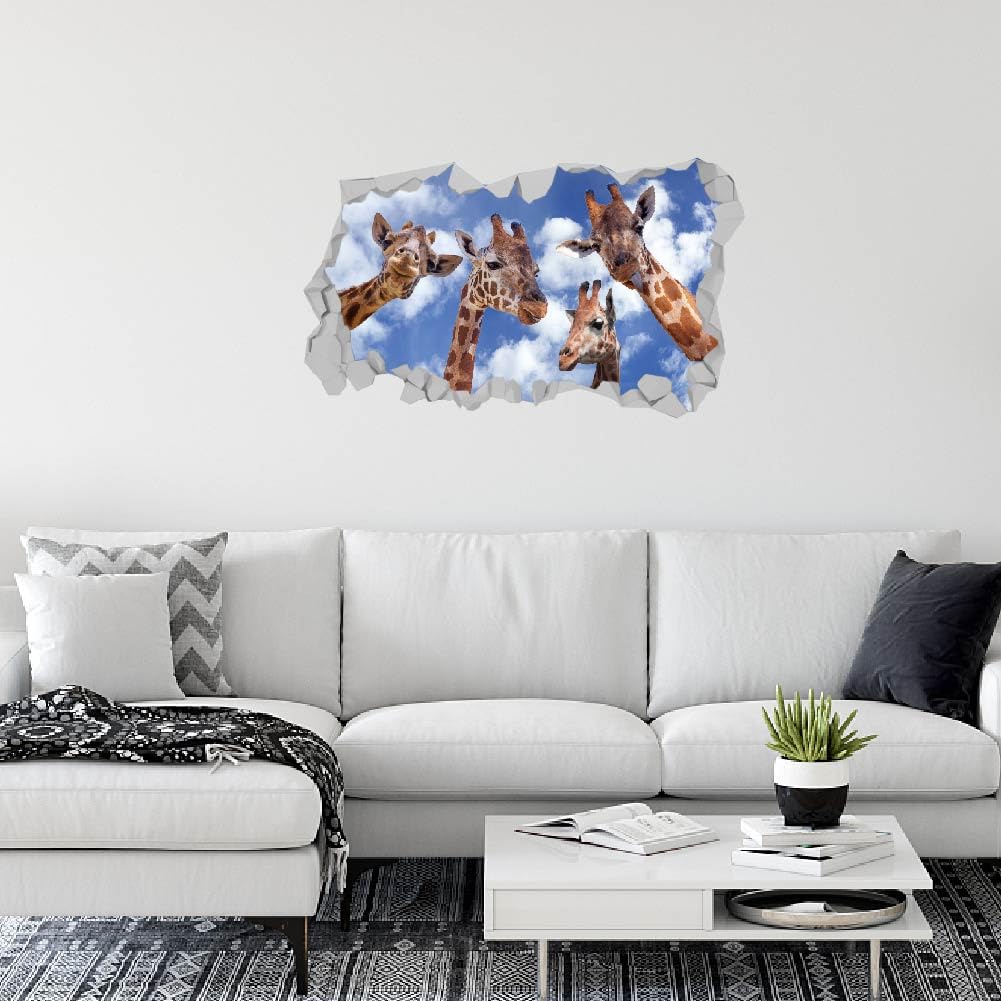 SUPERDANT 3D Break Giraffes Wall Sticker Giraffes Head Under Sky Wall Decal Vinyl Art Mural Animal Creative Peel and Stick for Bedroom Kid's Room Baby Shower Nursery Party Wall Decor