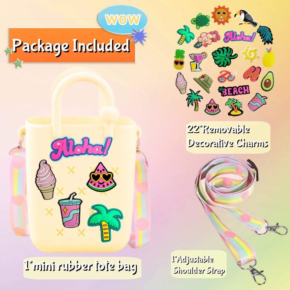 Mini Silicone Tote Bag, Rubber Beach Tote with Adjustable Strap &22 Cute Decorations for Little Girl & Woman - Image 4