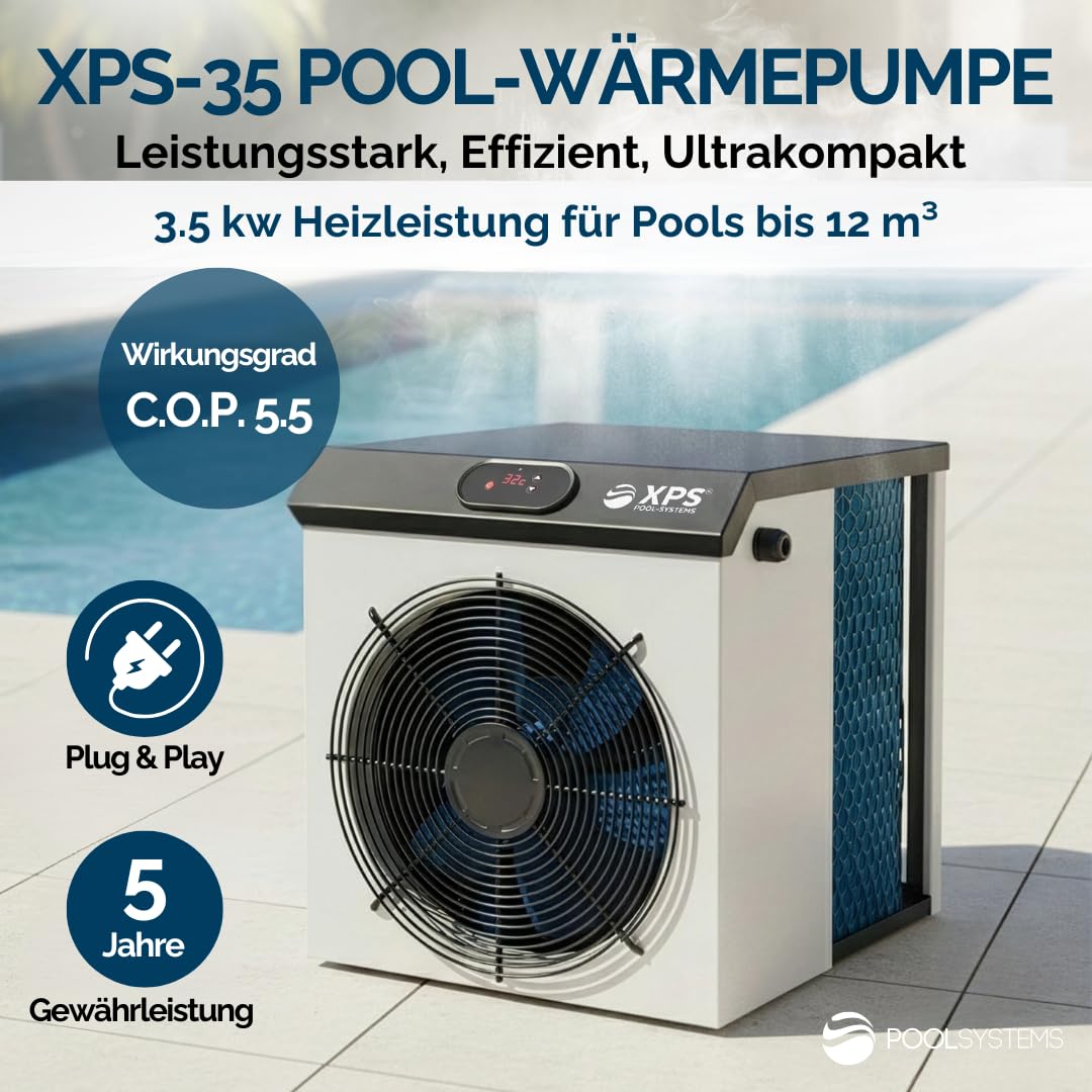 Pool-Wärmepumpe XPS-35 3,5kW bis zu 12m³, COP 5,5 - Energieeffiziente Poolheizung für Aufstellbecken - Ultrakompakte Poolheizung