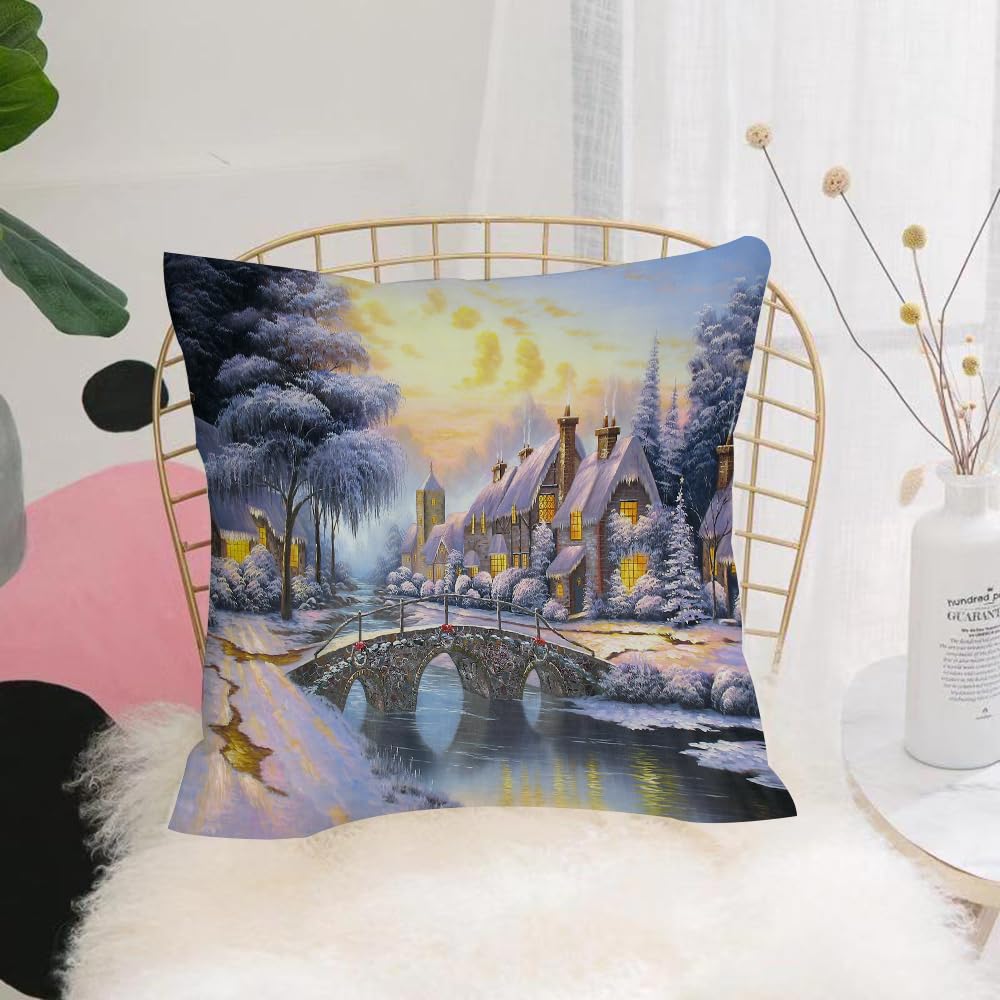 HYOSXW Cushion Cover,Throw Pillow Case Home Decorative for Living Room Bedroom Sofa Chair 16X16 Inch,Christmas background, an idyllic snowy village covered in snow, a bridge and wi,Pillowcase 40X40cm