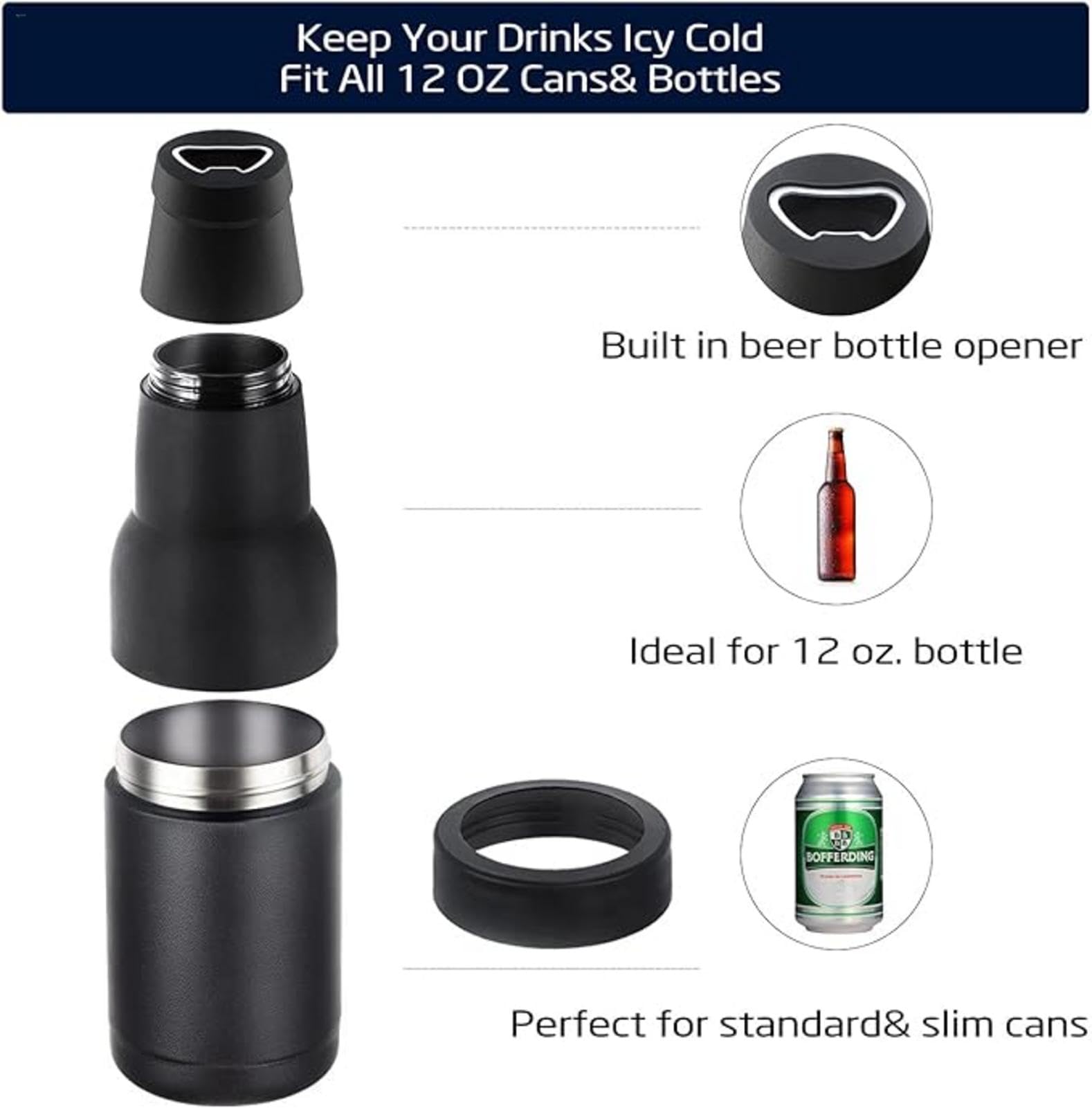 Raffreddatore per bottiglie di birra, 3 in 1, con apribottiglie, 350 ml, sottile, isolante, in acciaio inox, isolamento sottovuoto, a doppia parete