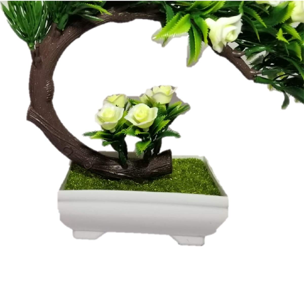 Breewell Artificial Roses Bonsai Flowers with Plastic Pot (Green & White, 1 Piece) 4